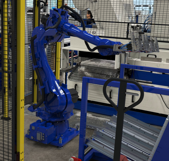 Robotafpaksysteem toegevoegd aan een zaagmachine Robotafpaksysteem toegevoegd aan een zaagmachine