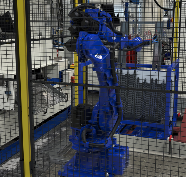 Robotafpaksysteem toegevoegd aan een zaagmachine Robotafpaksysteem toegevoegd aan een zaagmachine