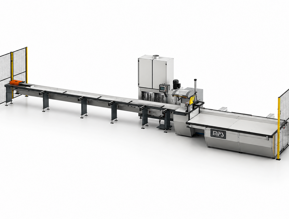 Fully automatic sawing line with discharge table Fully automatic sawing line with discharge table